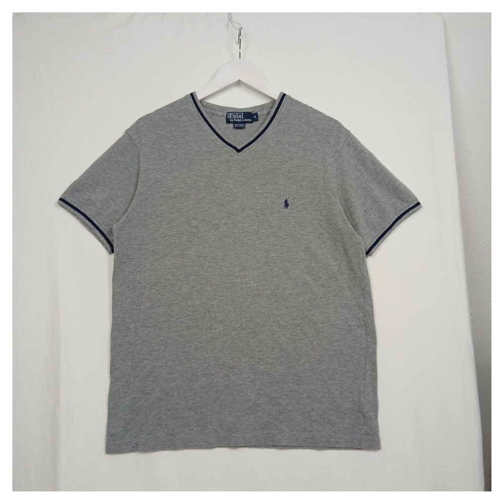 Polo Ralph Lauren Mens V-Neck T-Shirt Gray Navy Blue Contrast Trim Size M